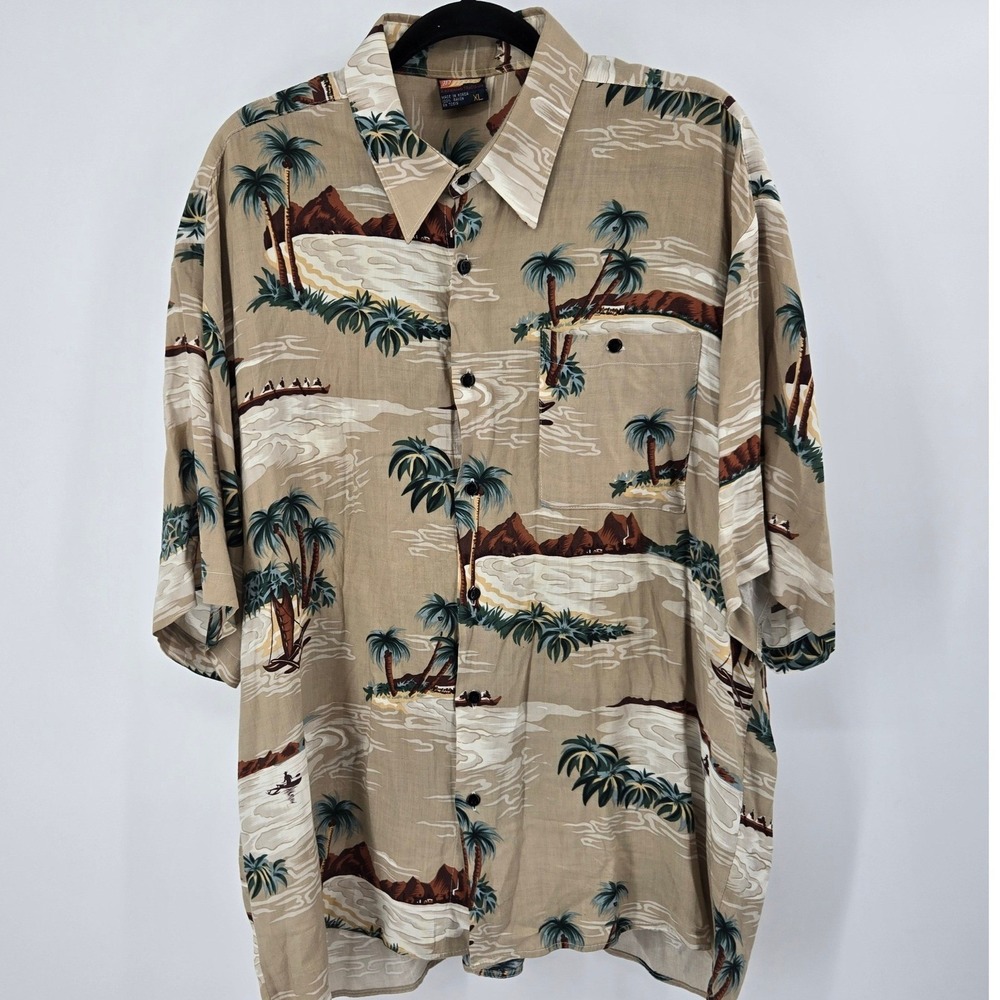 212‎ NYC A Hawaiian Tradition Vtg Scenic Rayon Shirt XL Tan Palms Canoe